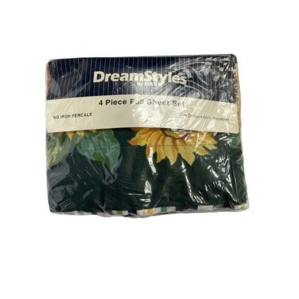 DreamStyles BY BIBB 4-Piece Full Sheet Set Striped ,Sunflowers NEW Vintage